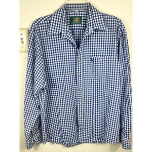 OS Trachten Mens Blue Gingham Button Down Shirt Long Sleeve Size M LOGO Pocket